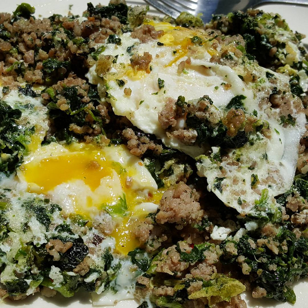 Spinach & Sausage Topped With Fried Eggs