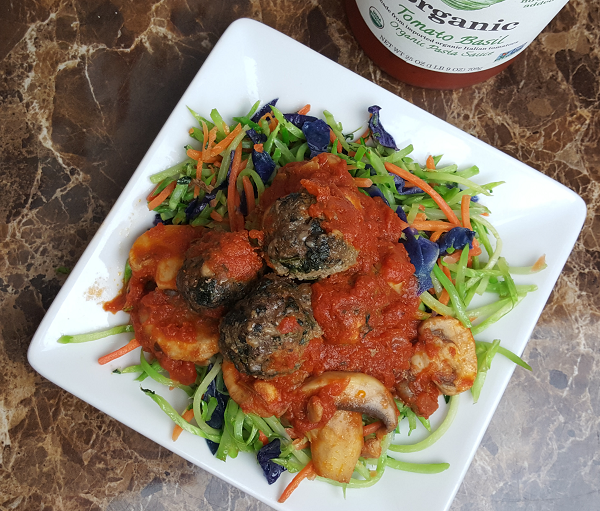Low Carb Spaghetti - Spinach Meatballs, Organic Sauce over Sauteed Broccoli Slaw