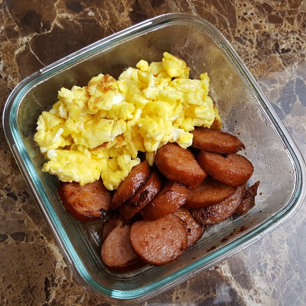 LCHF Breakfast Foods: BBQ Smoked Sausage & Scrambled Eggs