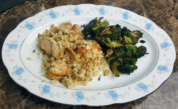 Healthy Low Carb Dinner: Grilled Chicken over Cauliflower Rice with Roasted Broccoli