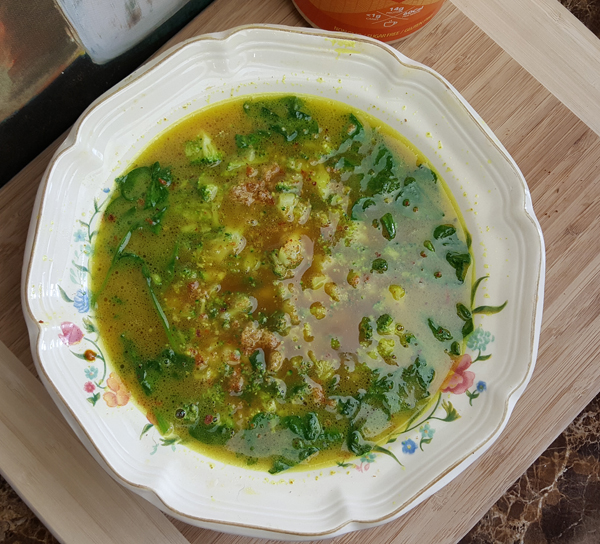Keto Soup - Roast Chicken Bone Broth with Broccoli and Spinach