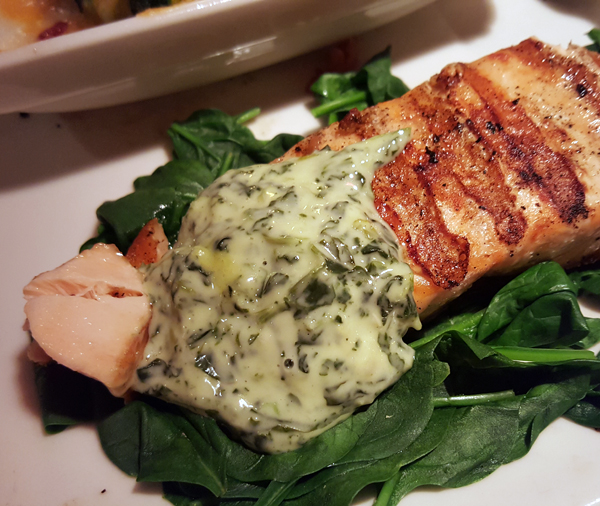 Healthy Low Carb Meal: Grilled Salmon and Spinach with Spinach Artichoke Dip