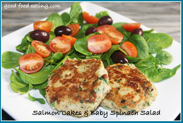 salmon cakes and baby spinach salad