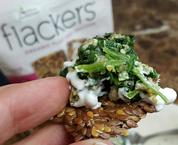 Rosemary Flackers (Flaxseed Crackers) with Sausage, Spinach & Sour Cream