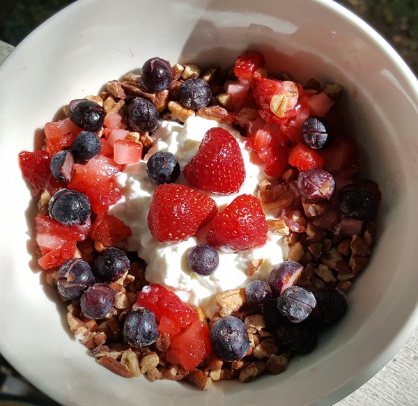 Low Carb Cereal Replacement: Cottage Cheese, Pecan Pieces & Berries