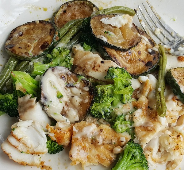 Low Carb Leftovers : Tilapia, Zucchini, Grean Beens, Broccoli & Parmesan Cream Sauce
