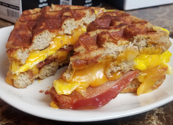 Gluten Free Waffle Keto Sandwich - Bacon Egg and Cheese