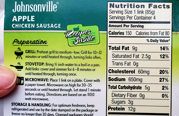 Johnsonville Apple Chicken Sausage Nutrition Facts